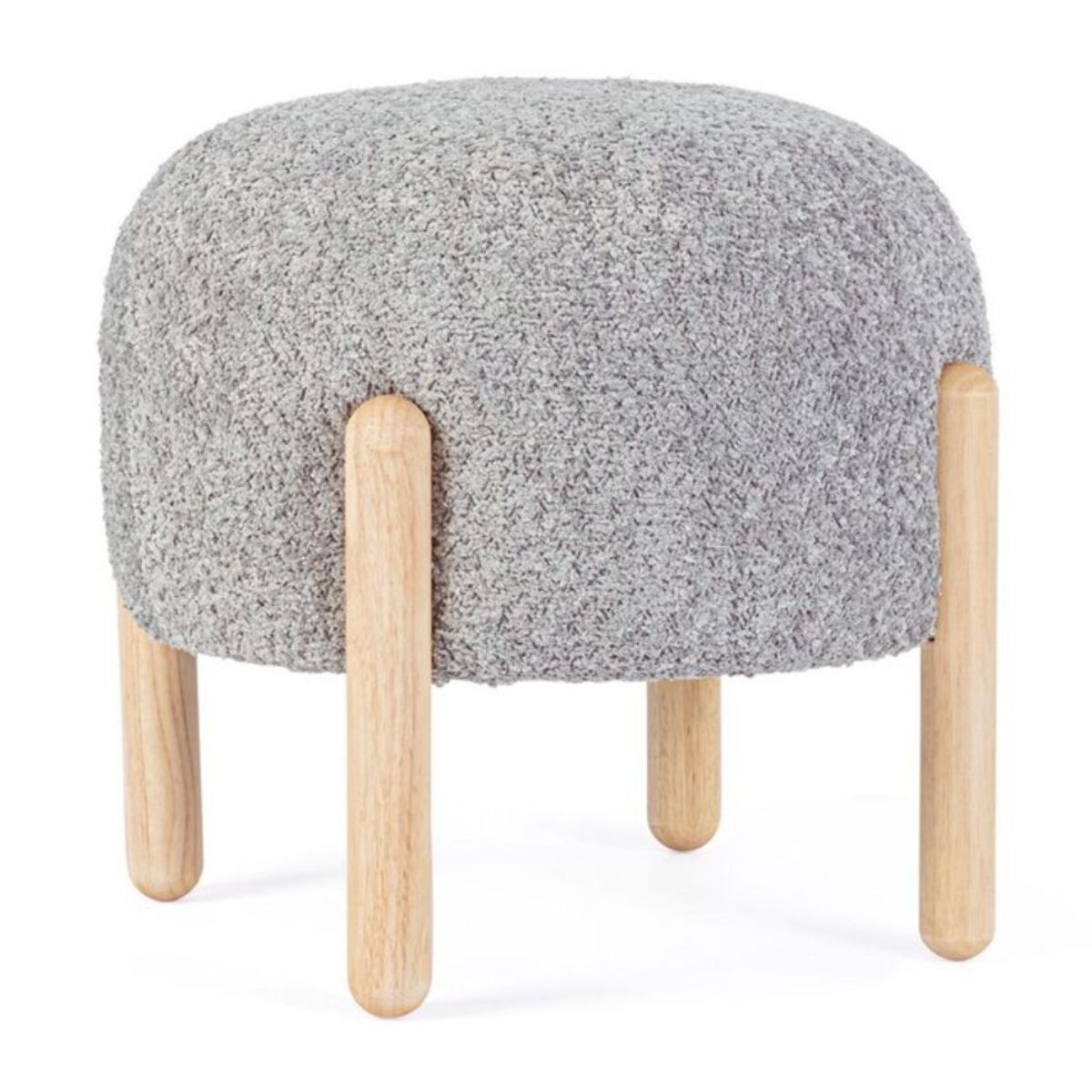 Pouf DAYLA in tessuto grigio chiaro effetto bouclé e gambe in legno rubber wood