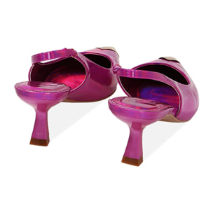 Zapato de tacón destalonado espejo fucsia, tacón 6 cm