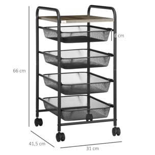 Carrito de Almacenamiento de 5 Niveles Carro Multiusos con Ruedas Carrito de Cocina 4 Bandejas Extraíbles y Tablero de Madera para Salón Dormitorio 41,5x31x66 cm Negro