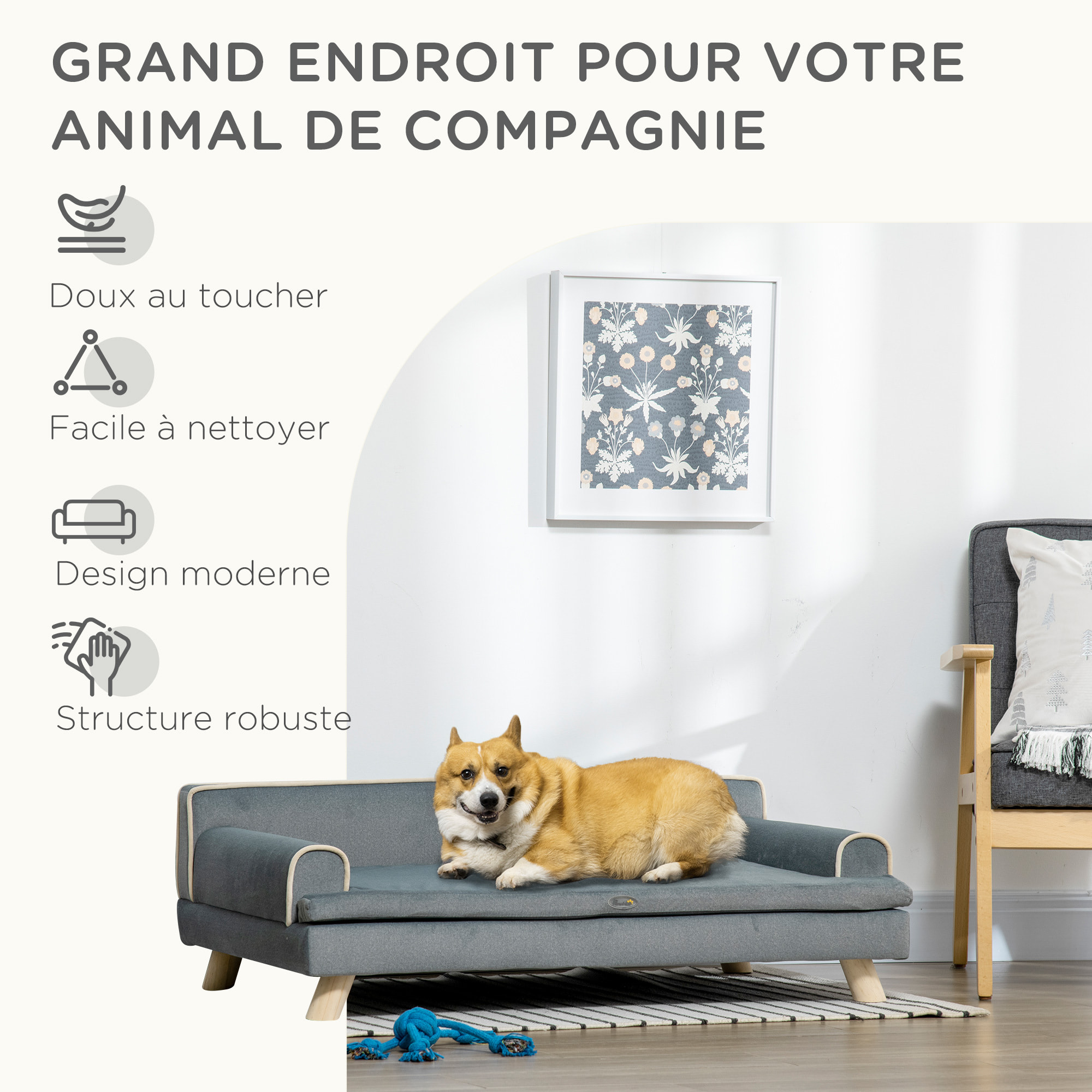 Canapé chien lit pour chien design scandinave coussin moelleux piètement bois dim. 100L x 62l x 32H cm polyester gris