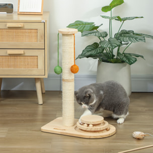 Poste Rascador para Gatos Altura 56,5 cm, Rascador para Gatos con 3 Bolas Colgantes, Juguete de Pelota de Pista y Poste de Sisal, Madera Natural