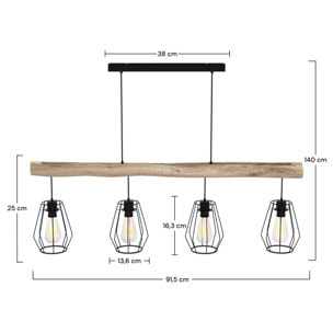 Suspension en bois et métal 4 lampes - Clotilde
