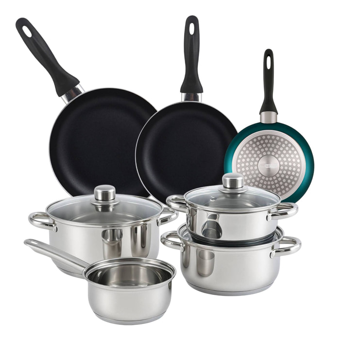 set de batería de cocina de 7pc en acero inoxidable + 3 sartenes ø16ø20ø24cm azul metalizado en aluminio prensado