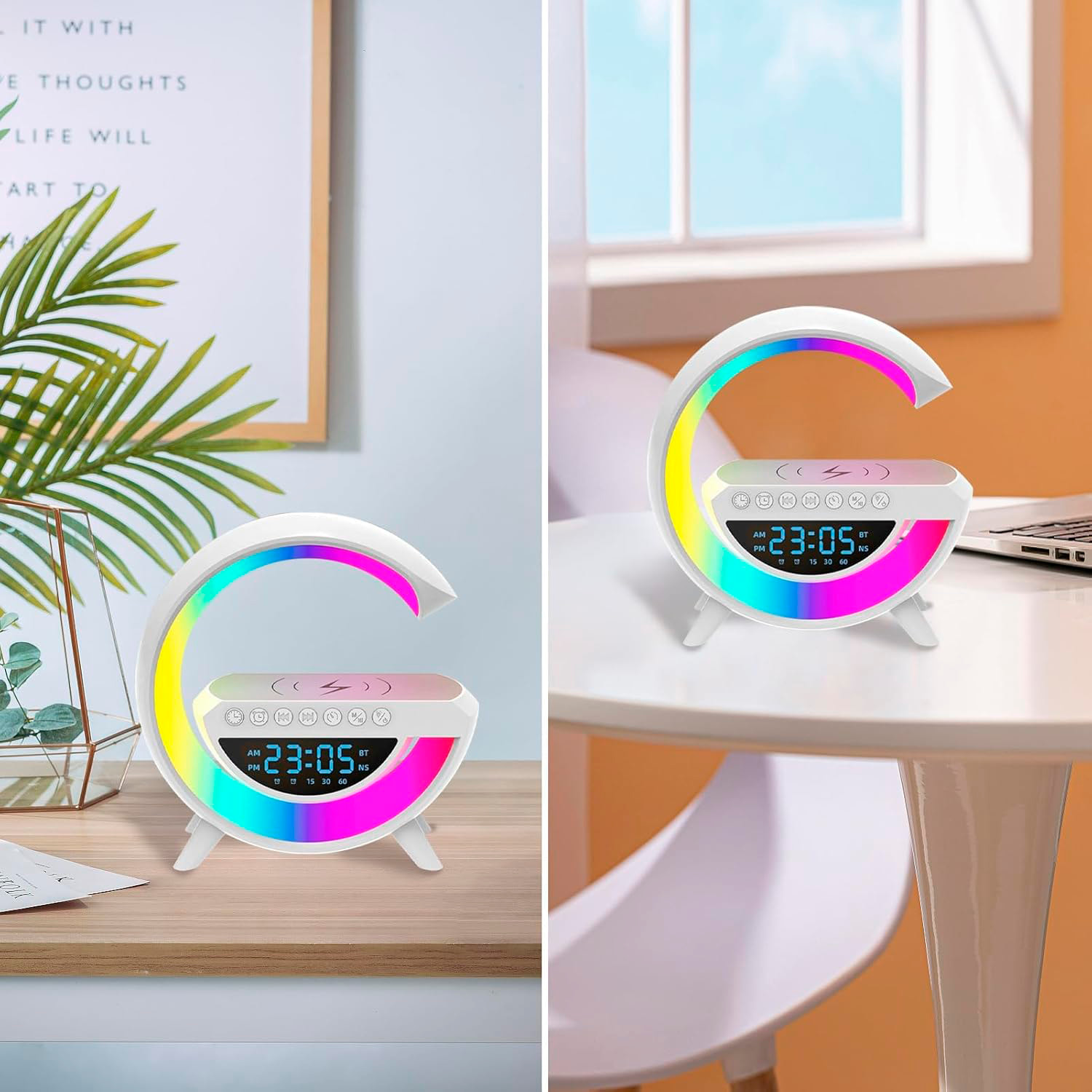 Altoparlante con caricatore wireless da 15W, 13 modalità diverse di illuminazione LED, funzione radio, ingressi per scheda TF e USB.