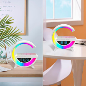 Altoparlante con caricatore wireless da 15W, 13 modalità diverse di illuminazione LED, funzione radio, ingressi per scheda TF e USB.