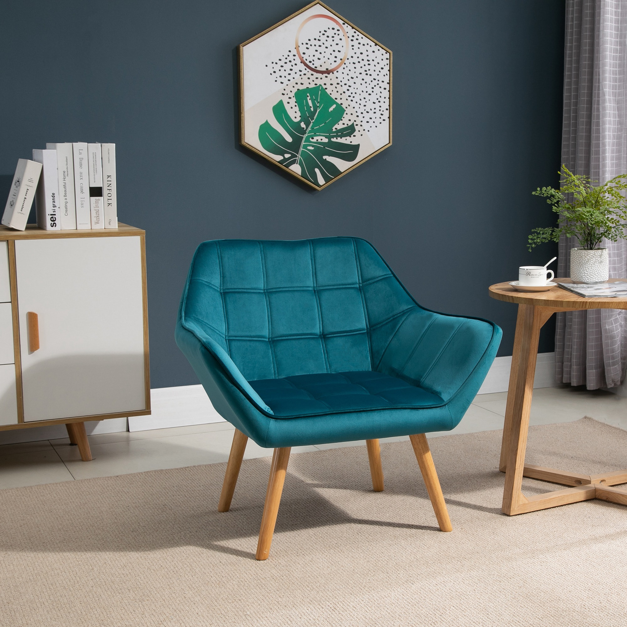 Fauteuil salon design scandinave piètement bois hévéa velours effet capitonné bleu canard