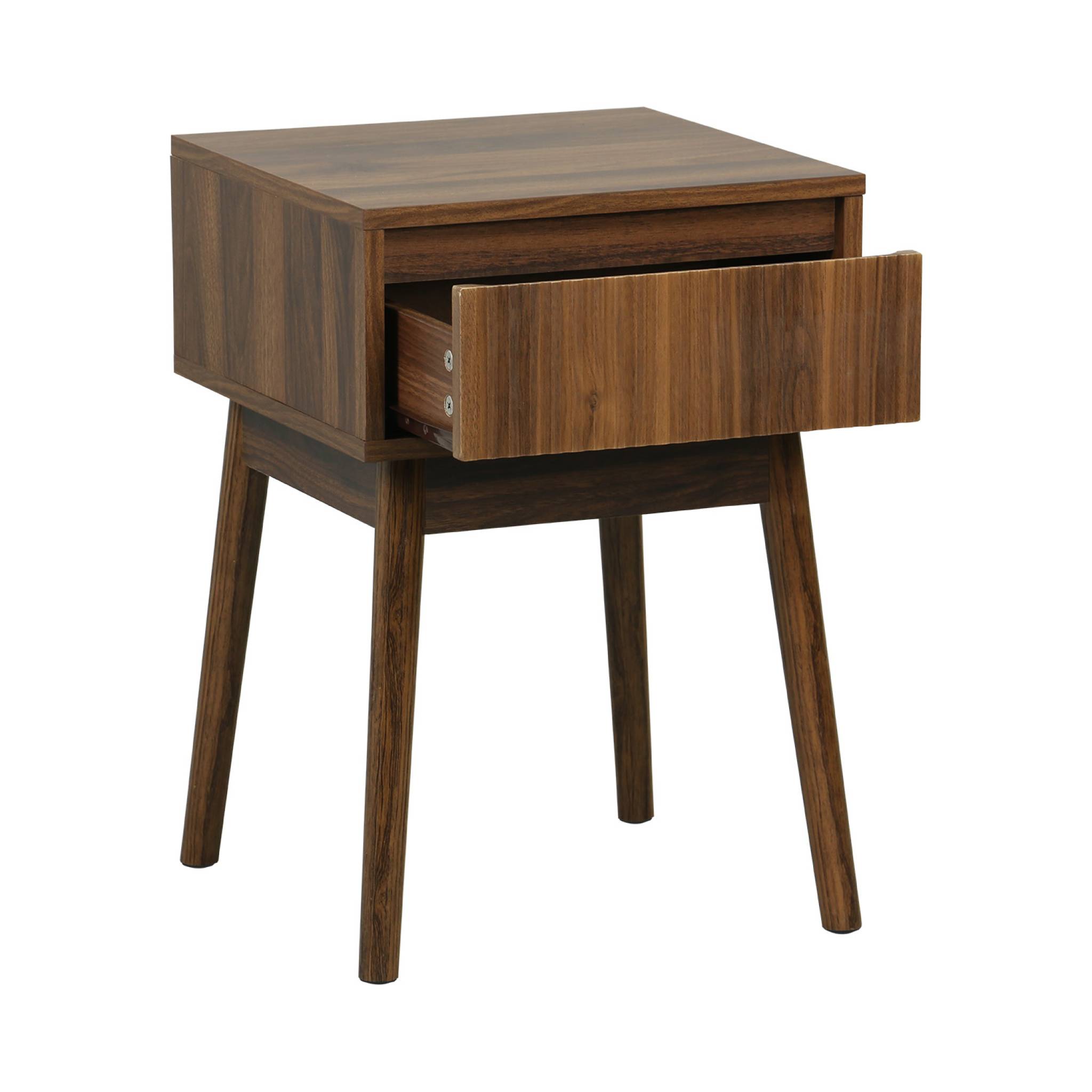 Lot de 2 tables de chevet avec un tiroir. Panneaux stratifiés couleur noyer. Pied en bois de sapin.  L 39 x 39 x H 55.4cm LINEAR