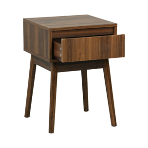 Lot de 2 tables de chevet avec un tiroir. Panneaux stratifiés couleur noyer. Pied en bois de sapin.  L 39 x 39 x H 55.4cm LINEAR
