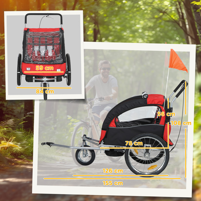 Remorque vélo jogger 2 en 1 enfant drapeau roue avant pivotante réflecteurs barre d'attelage inclus noir rouge
