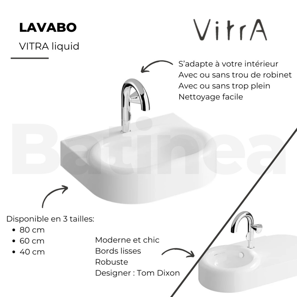 Lavabo VITRA Liquid 80 cm sans trou et sans trop-plein