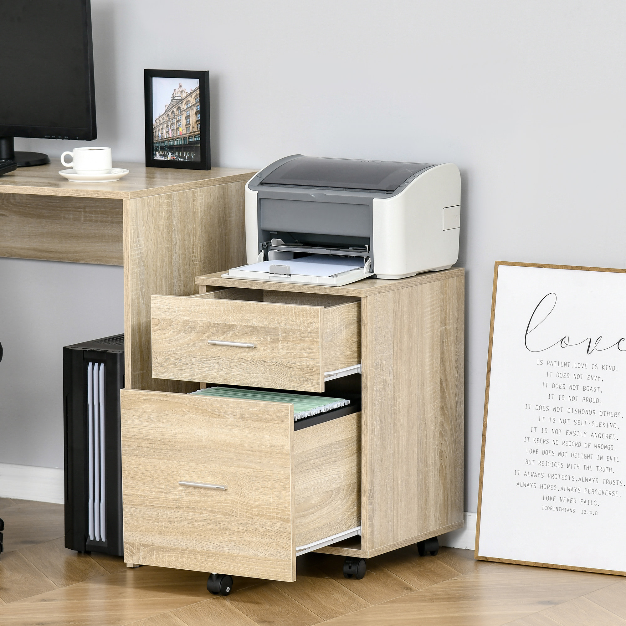 Cajonera de Escritorio con 2 Cajones, Cajonera de Oficina con Ruedas, Archivador Móvil, para Archivos A4 o Cartas, para Estudio, Salón, 39,5x39x58,5 cm, Roble