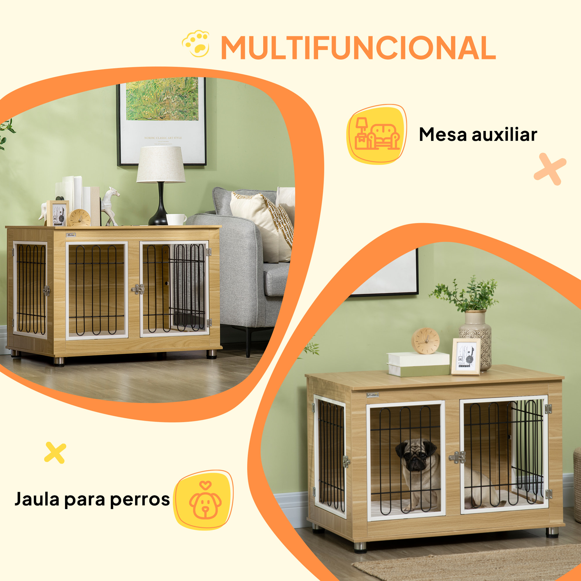 Jaula para Perros Mesa Auxiliar con Cojín Lavable Casa para Mascotas con Estructura de Acero para Perros Medianos y Grandes 90x58x65 cm Roble