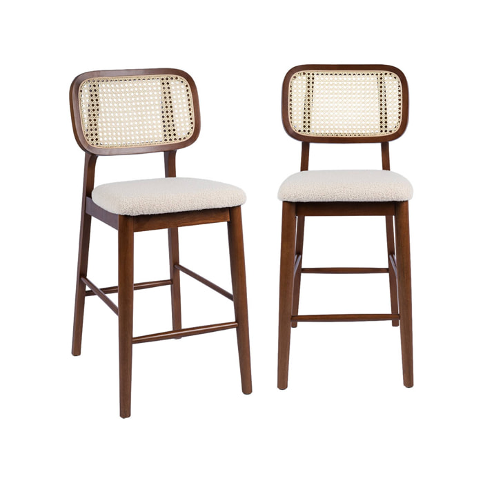 Tabouret de bar bois d'hévéa cannage et bouclette 66,5cm (lot de 2) MANI