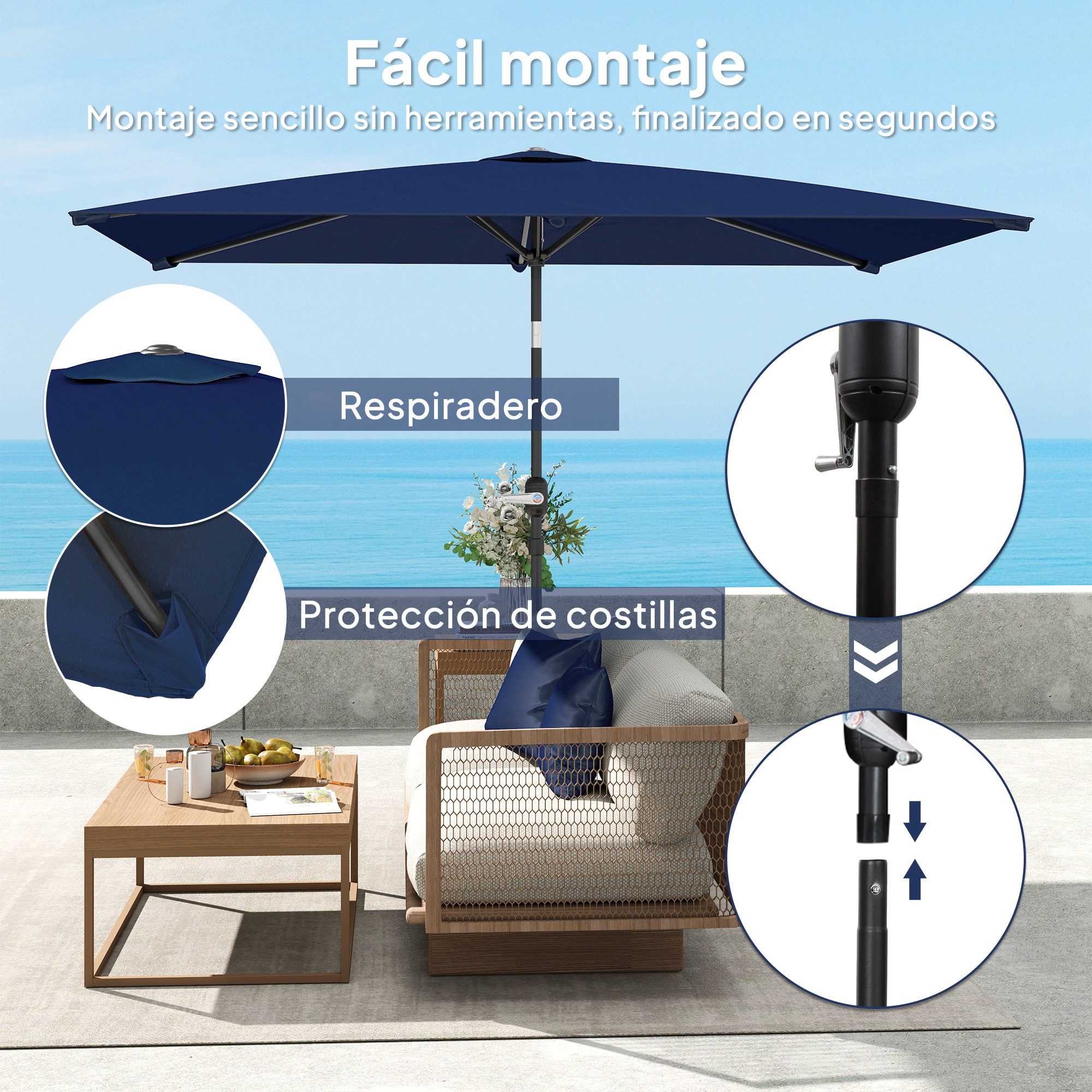 Sombrilla de Terraza Exterior, 198x294 cm, Parasol de Terraza Exterior con Ángulo Ajustable, Manivela, Mástil de Aluminio Desmontable y Anti-UV, Sombrilla para Jardín, Patio, Azul Marino
