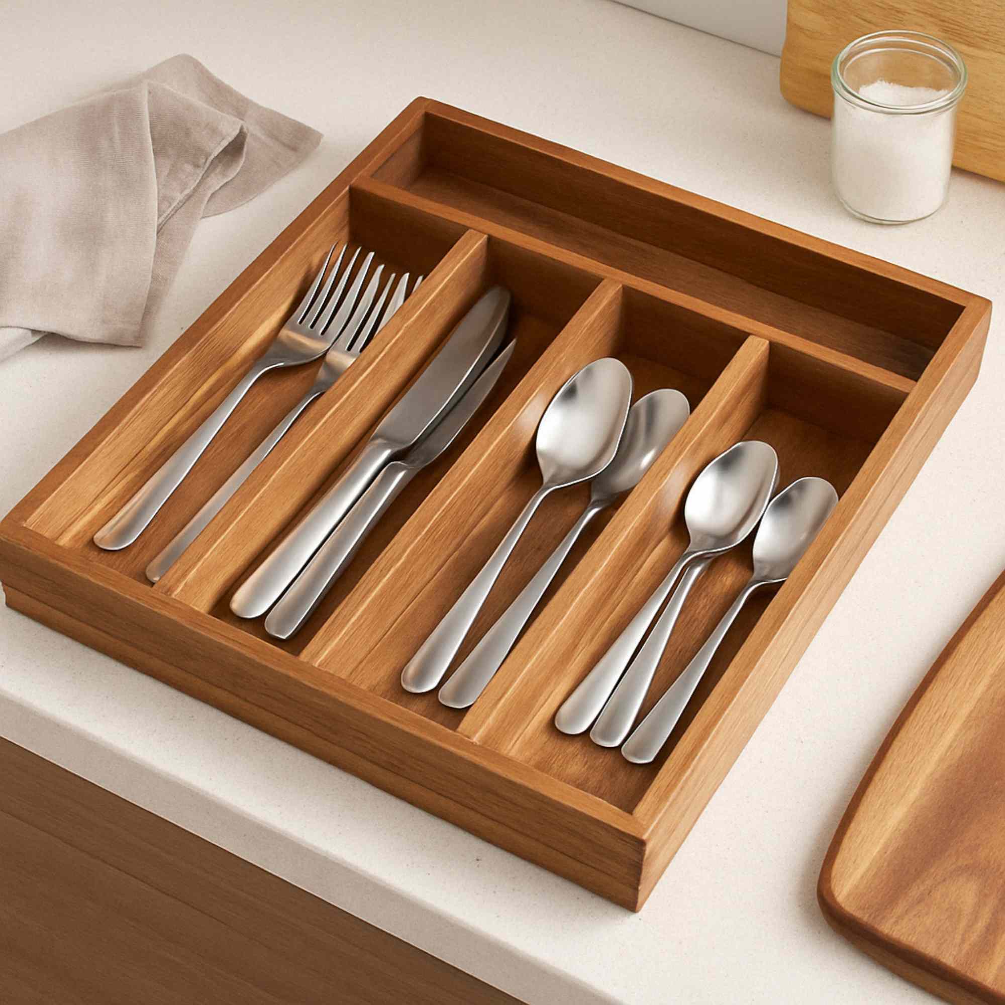 Bandeja para cubiertos de madera de acacia extensible organizador elegante y funcional