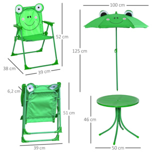 Ensemble salon de jardin enfant 4 pcs design grenouille - table ronde + 2 chaises pliables + parasol - métal époxy oxford vert