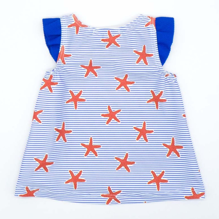 VESTIDO LYCRA RAYAS AZULES Y ESTRELLAS ROJAS