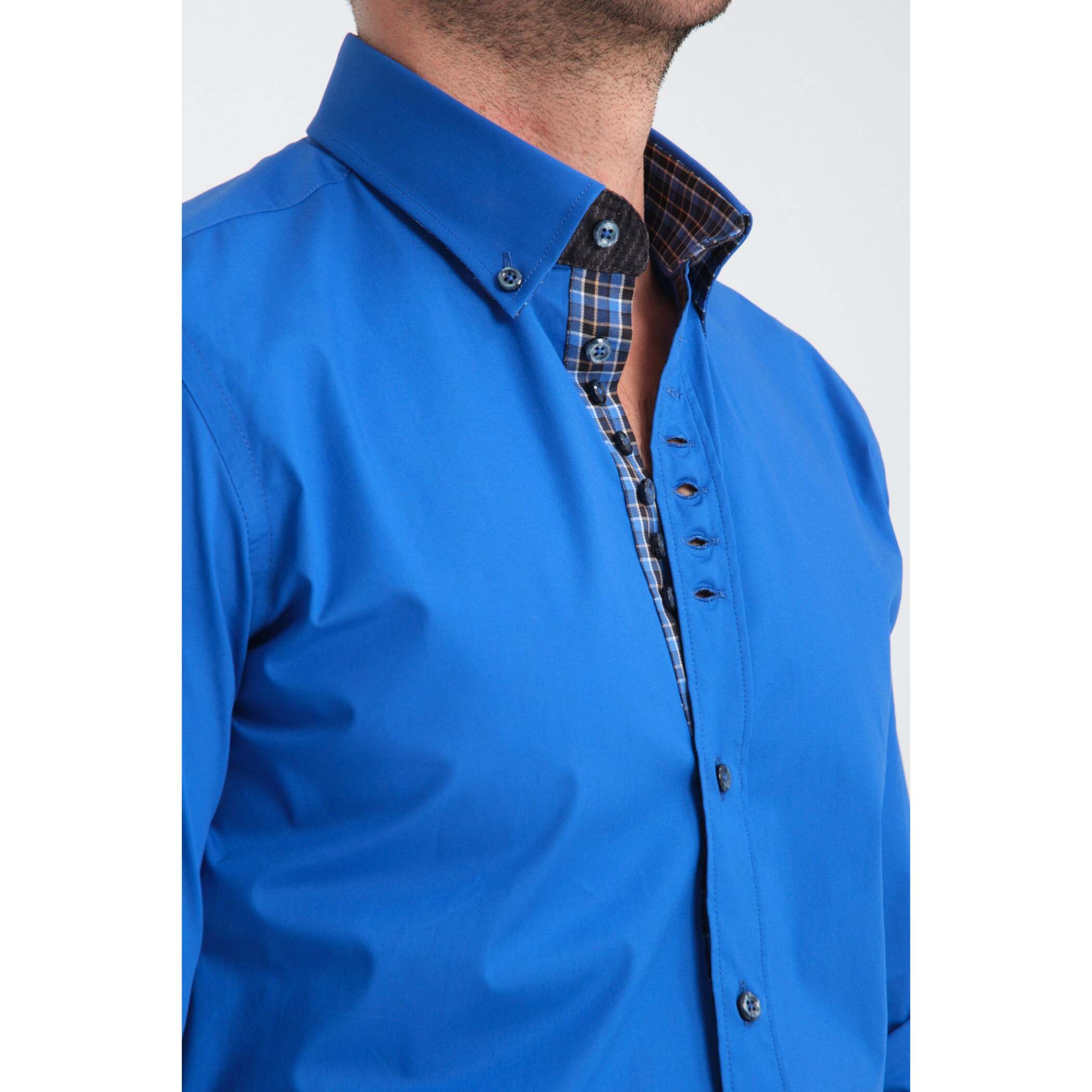 Camicia Uomo 1 Bottoni Button Down Slim Popeline Stretch Unito Bluette