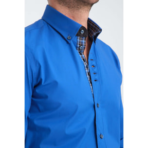 Camicia Uomo 1 Bottoni Button Down Slim Popeline Stretch Unito Bluette
