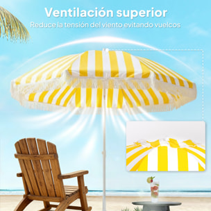 Sombrilla de Playa con Flecos Ø180 cm, Sombrilla de Terraza Exterior con Altura Ajustable, Inclinación 30°, Anclaje Arena y Bolsa de Transporte, Amarillo y Blanco