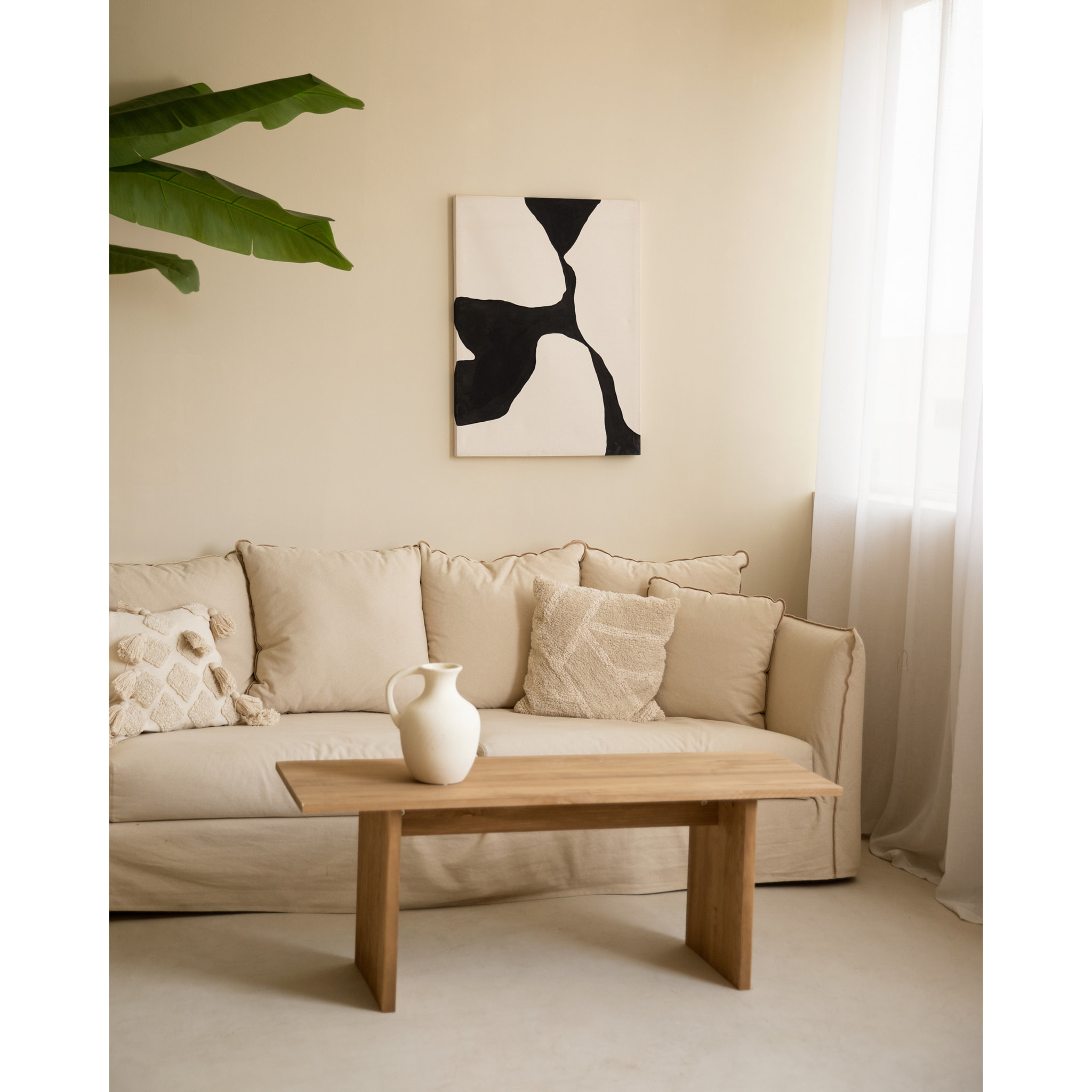 Tableau beige et noir décoratif sur coton avec cadre en bois peint à la main à la peinture à l'huile en différentes tailles