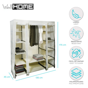 Armario Plegable de tela polar gris 135x45x175cm - Con 12 estantes, Portátil y resistente