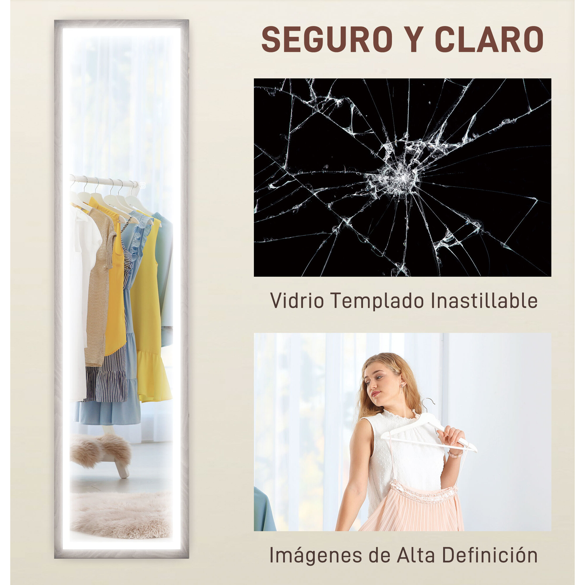 Espejo de Cuerpo Entero con Luz LED 160x40 cm Espejo de Pie o de Pared con Iluminación de 3 Colores Táctil Inteligente Función de Memoria y Soporte para Salón Dormitorio Gris