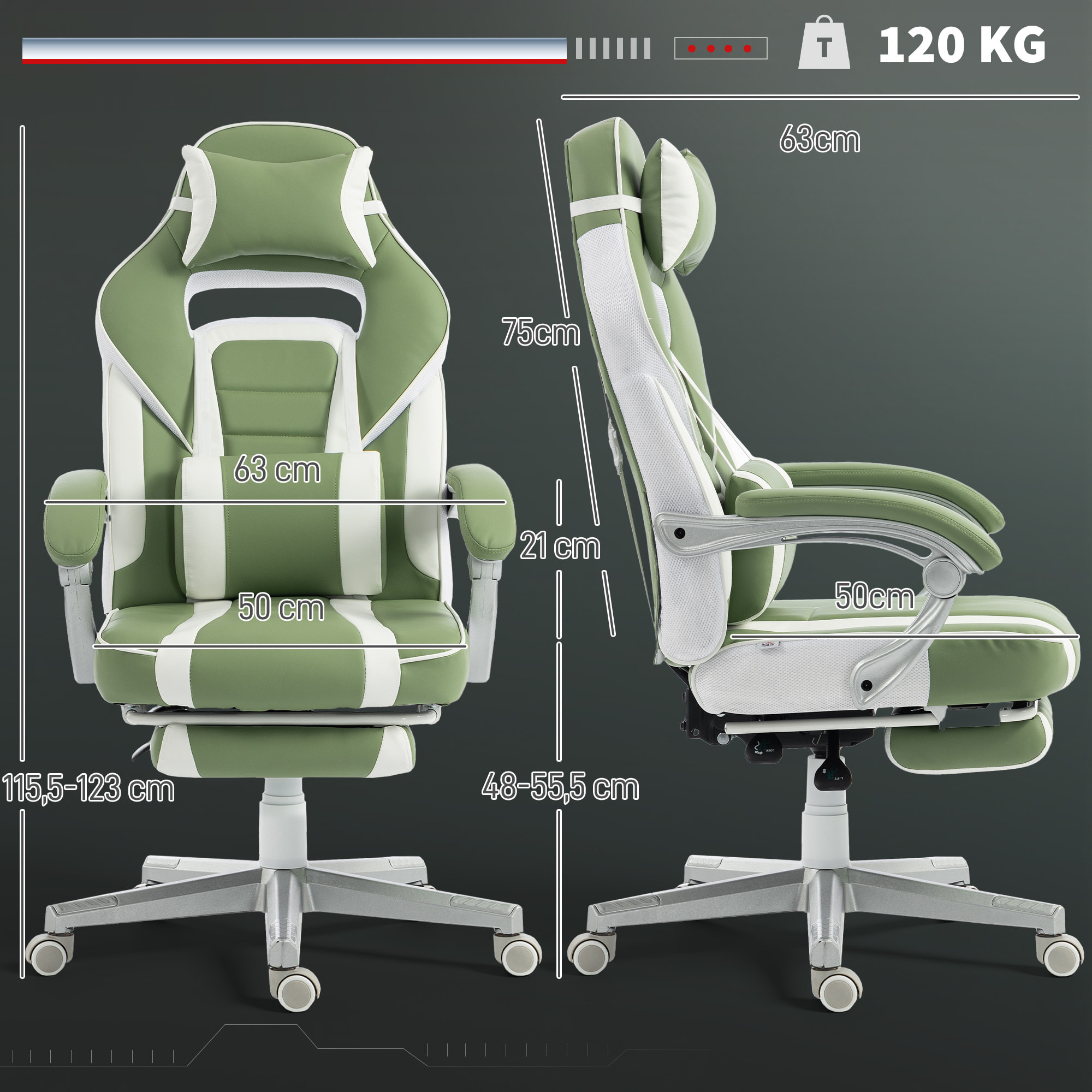 Silla Gaming, Silla Gamer Reclinable, con Altura Ajustable, Reposapiés Retráctil, Soporte Lumbar y Reposacabezas Desmontable, para Oficina, Estudio, Verde