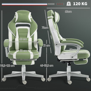 Silla Gaming, Silla Gamer Reclinable, con Altura Ajustable, Reposapiés Retráctil, Soporte Lumbar y Reposacabezas Desmontable, para Oficina, Estudio, Verde