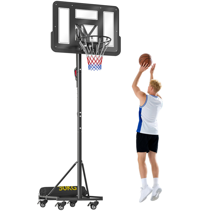 Canasta de Baloncesto para Exterior, Altura Ajustable 235-305 cm, Canasta de Baloncesto Portátil con Tablero Irrompible 110 cm, Ruedas y Saco de Peso, para Adolescentes y Adultos, Negro