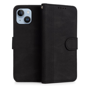 Custodia in similpelle antishock stile libro per iPhone 13 / 14. Portacarte interno, cinturino da polso removibile.