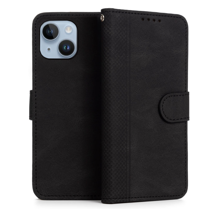 Custodia in similpelle antishock stile libro per iPhone 13 / 14. Portacarte interno, cinturino da polso removibile.