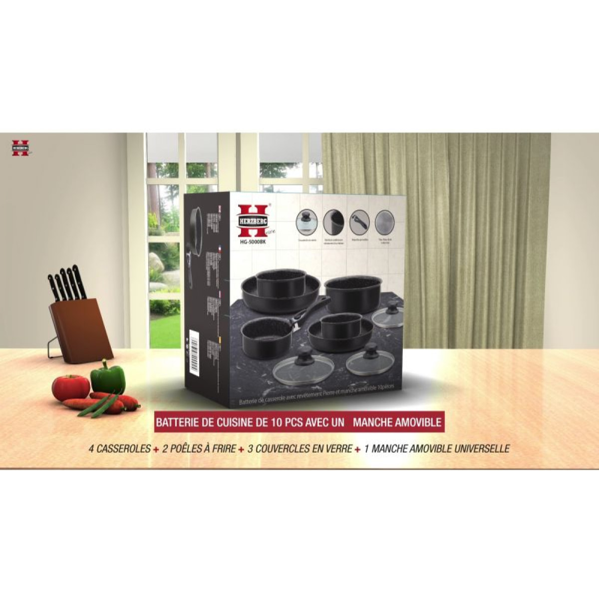 Batterie de cuisine revêtement pierre avec manche amovible 10 pieces noir Herzberg HG5000-BK