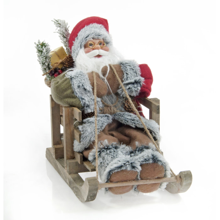 Babbo Natale "Coutry" Seduto Su Slitta - Realistico in PVC - (Altezza 23cm - Larghezza 18cm - Profondità 30cm)