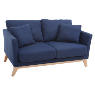 Canapé scandinave déhoussable 2 places en tissu bleu foncé et bois clair OSLO