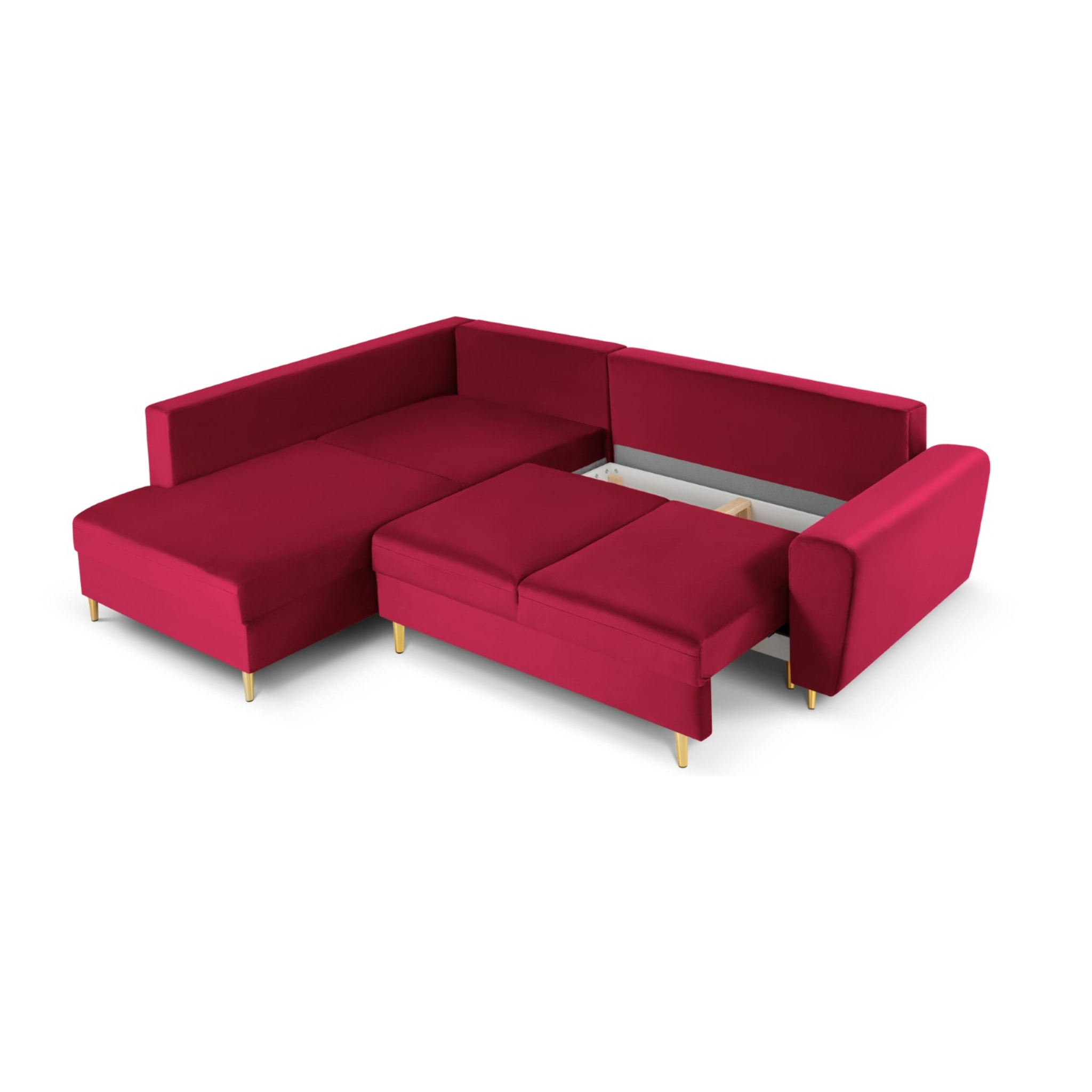 Canapé d'angle gauche convertible avec coffre de rangement "Kyoto" 5 places en velours rouge