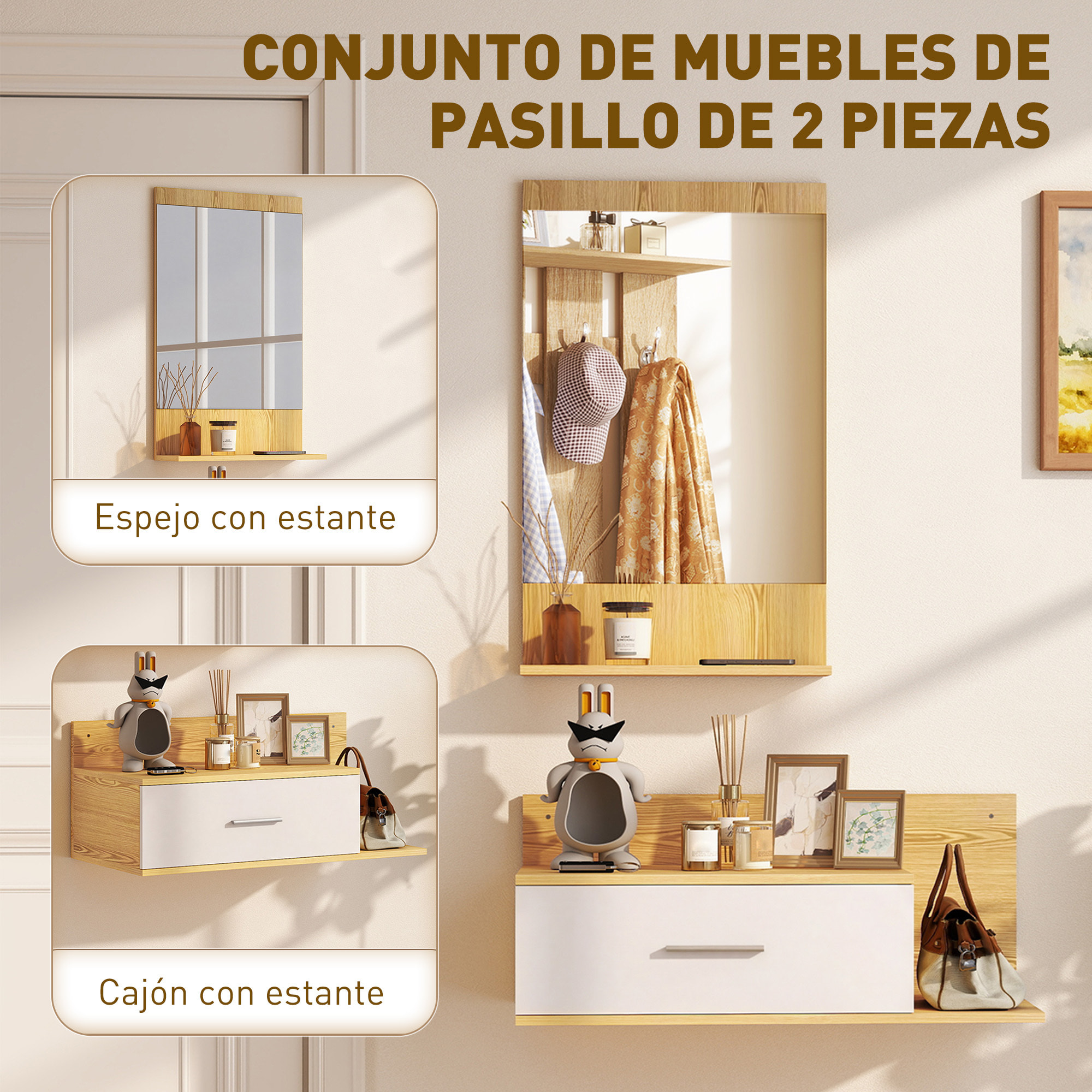 Conjunto de Recibidor de Entrada de Pared con Espejo, Cajón y 2 Estantes Abiertos, Muebles Recibidor para Pasillo, Madera Natural