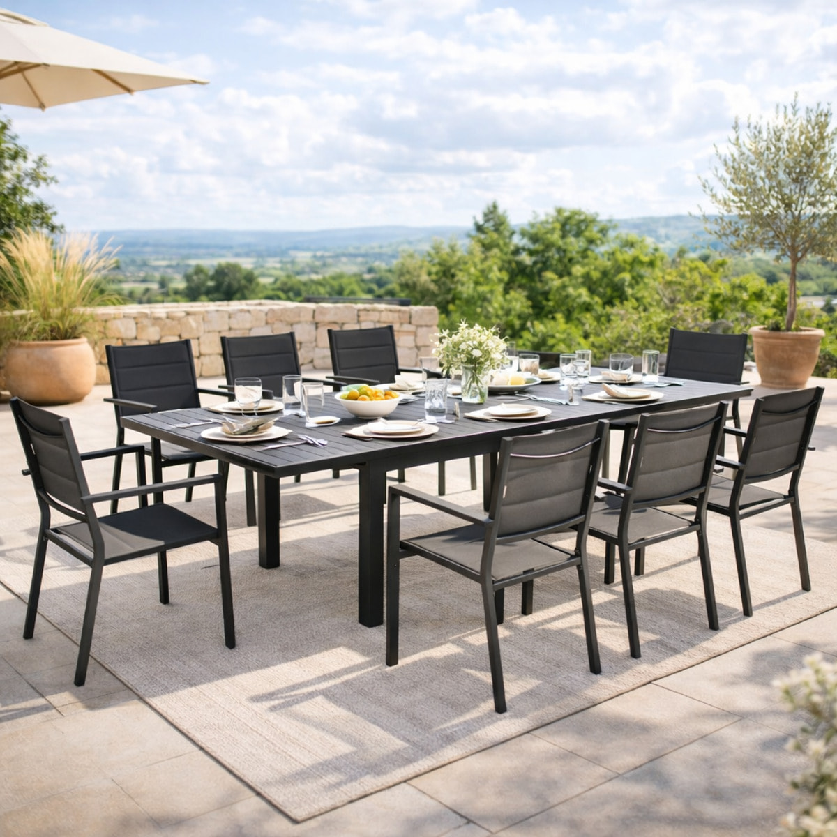 Salon de jardin 8 personnes – Table extensible – Chaises empilables