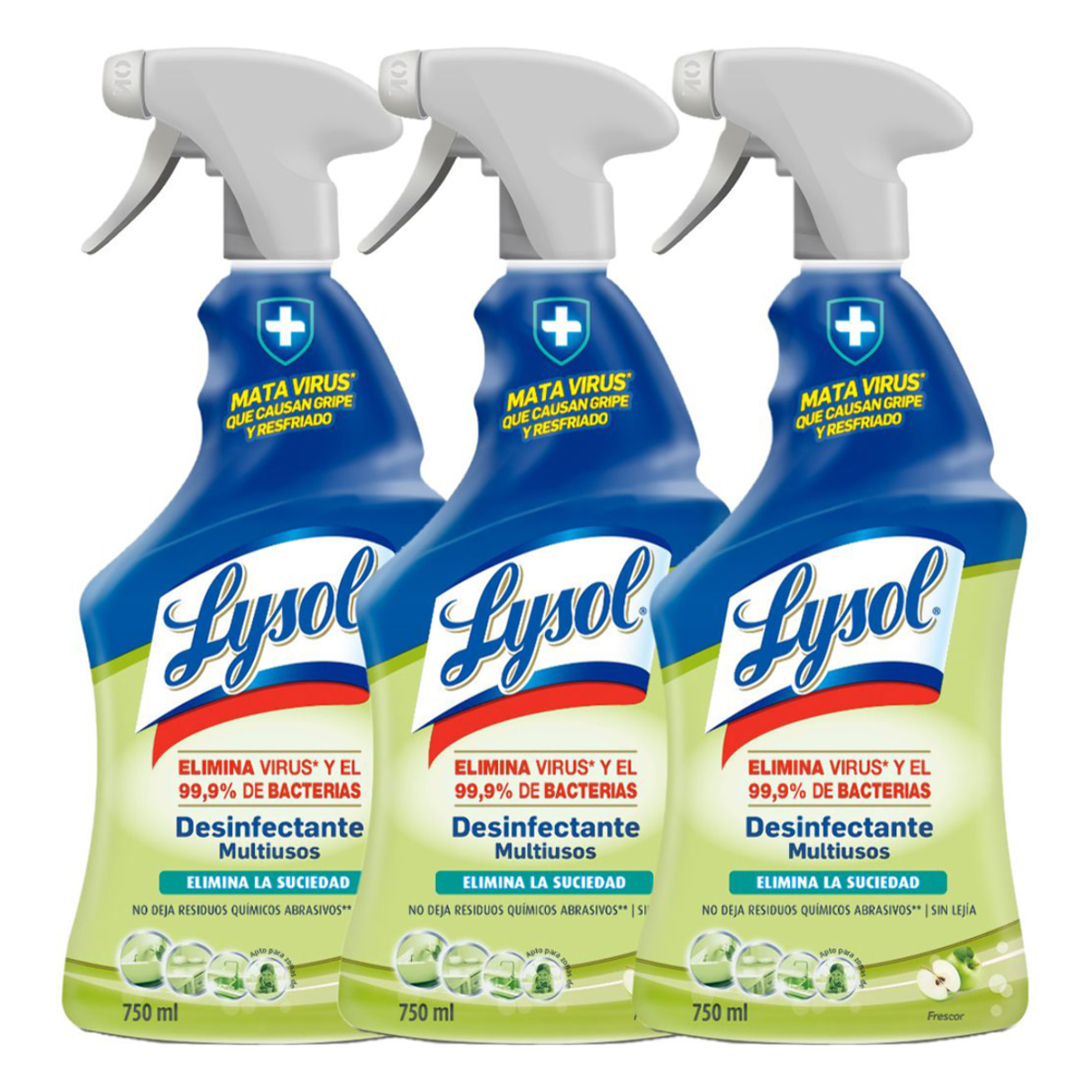 Lysol Limpiador desinfectante multiusos, elimina virus, bacterias y suciedad sin lejía, aroma frescor, spray - Pack 3x750ml