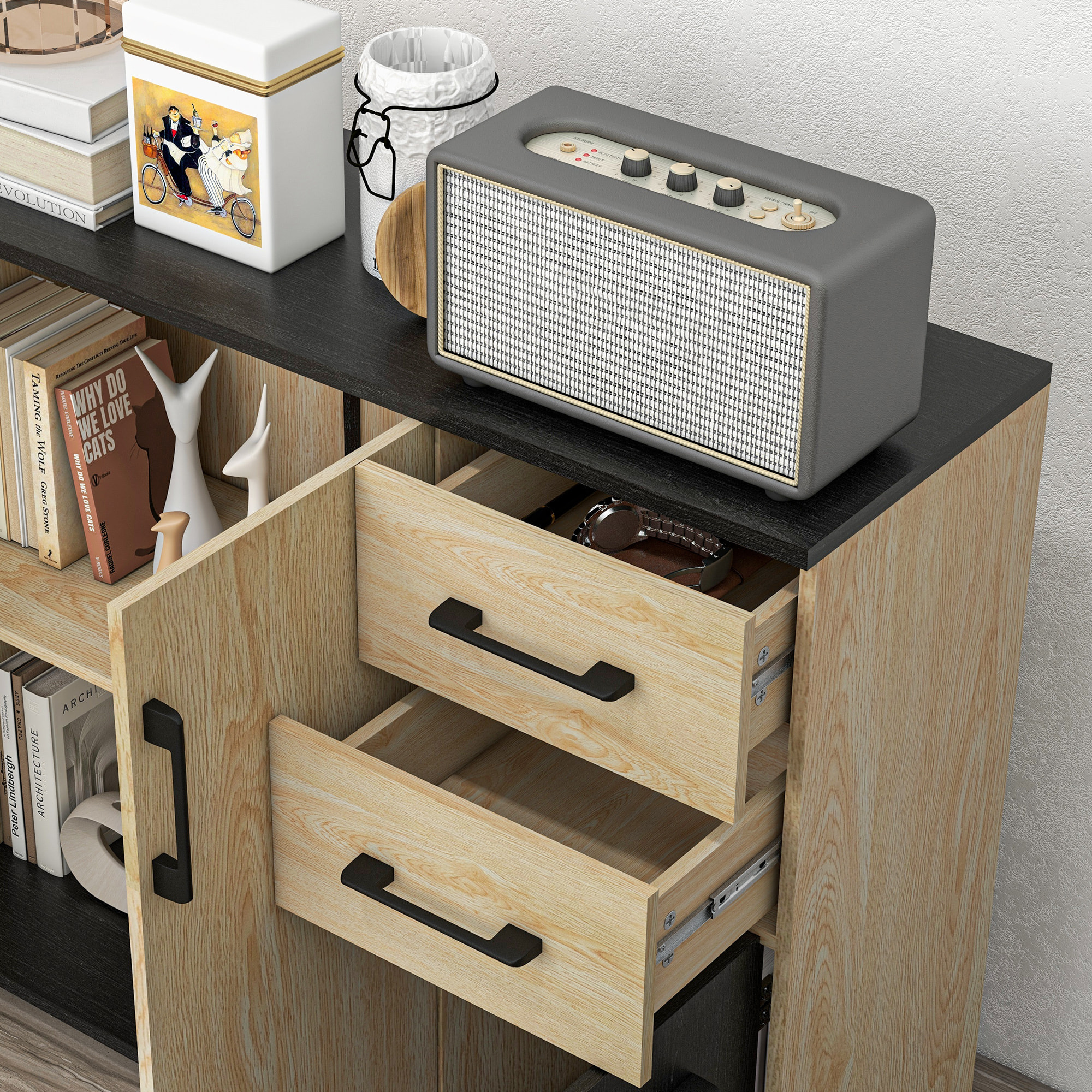 Aparador de 2 Puertas, Aparador de Salón Estrecho con 2 Cajones, Armario de Cocina con Estante Ajustable, para Entrada, Dormitorio, 90x30x75,5 cm, Natural y Negro