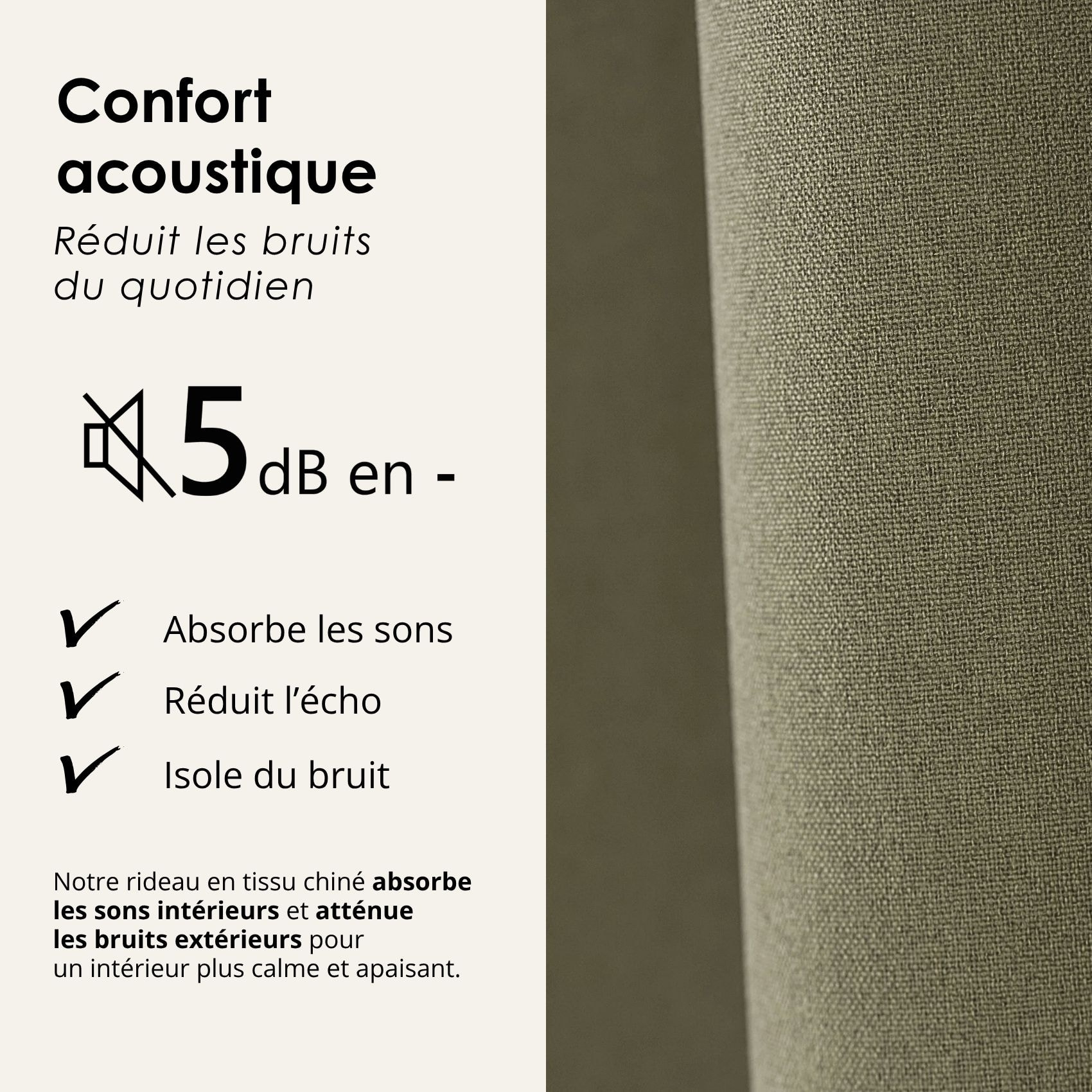 Rideau 100% occultant thermique phonique chiné - Kaki