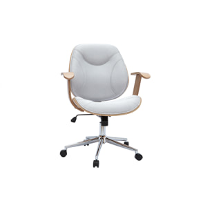 Chaise de bureau à roulettes design en tissu gris clair, bois clair et acier chromé YORKE