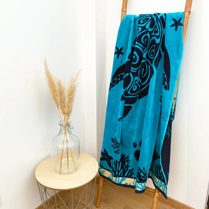 Serviette de plage éponge velours Jacquard Bleu 100x175 470g/m² - Princesa