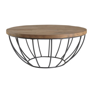 SIXTINE - Table basse coque ronde 80x80cm plateau teck recyclé piétement métal noir