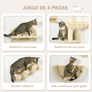 Estante de Escalada para Gatos de Pared Juego de Estantes para Gatos 4 Piezas con Hamaca Nido Rascador Plataformas para Saltar y Poste de Sisal Beige