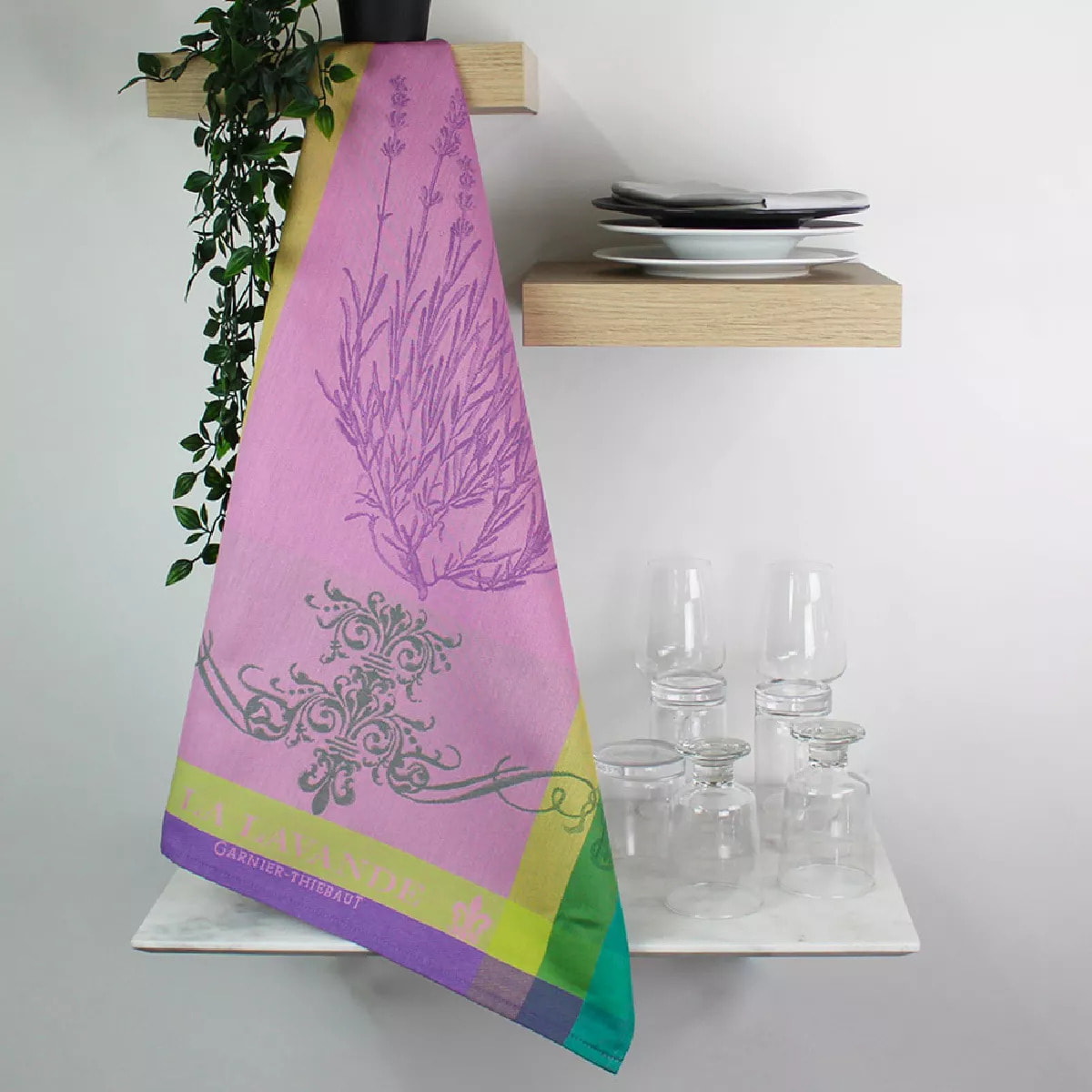 Torchon pur coton motif jacquard violet Lavande mauve