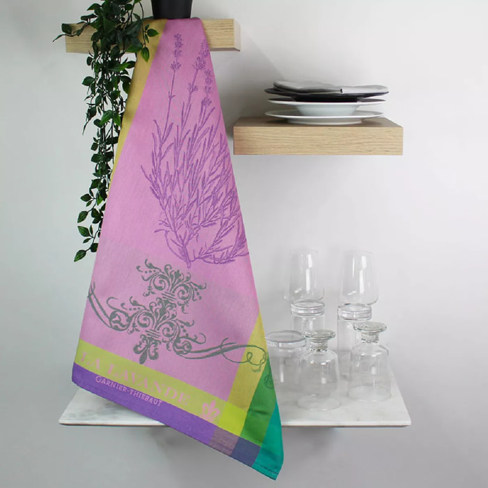 Torchon pur coton motif jacquard violet Lavande mauve