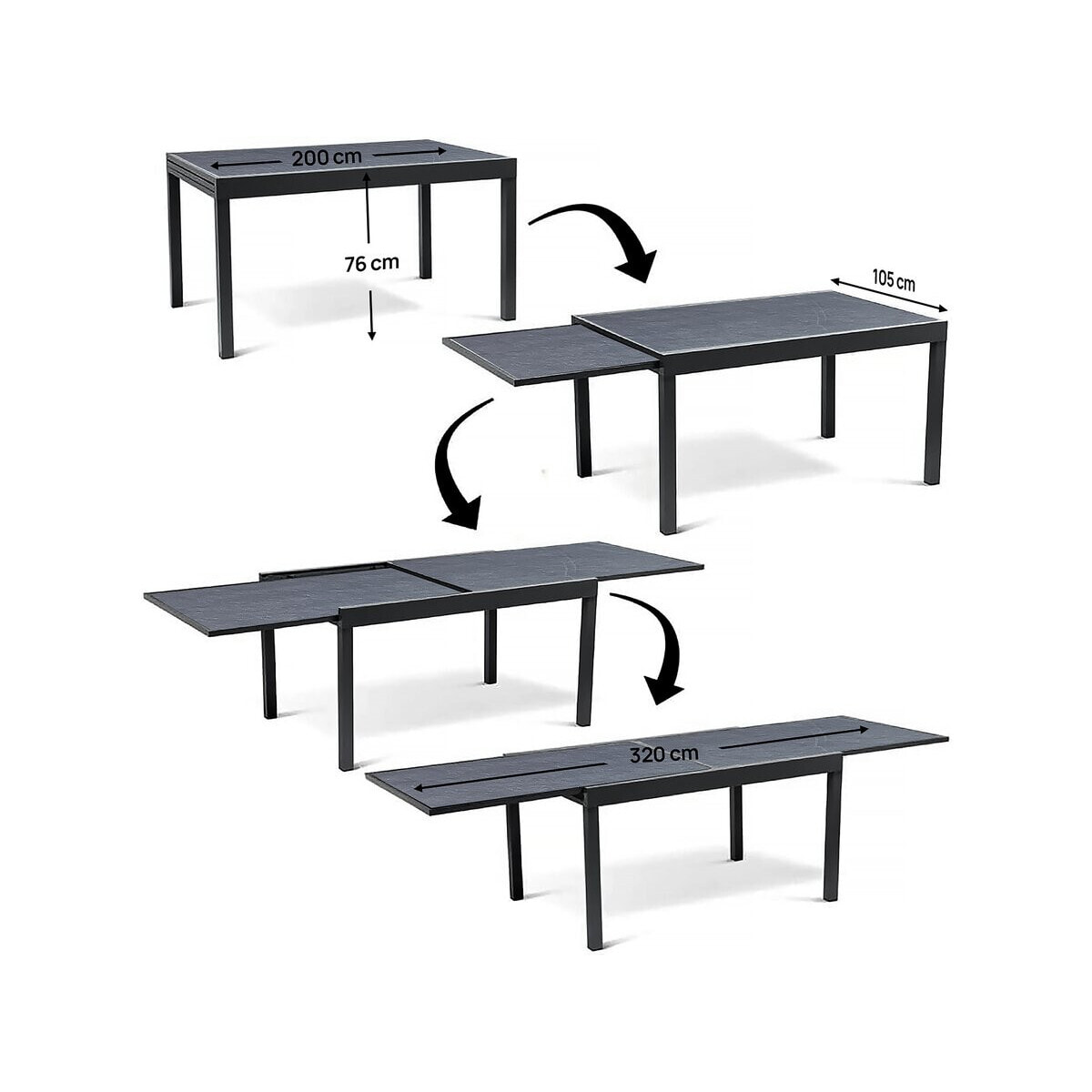 Table jardin en aluminium extensible "Lagos" - 200/320 x 105 x 76 cm - Noir