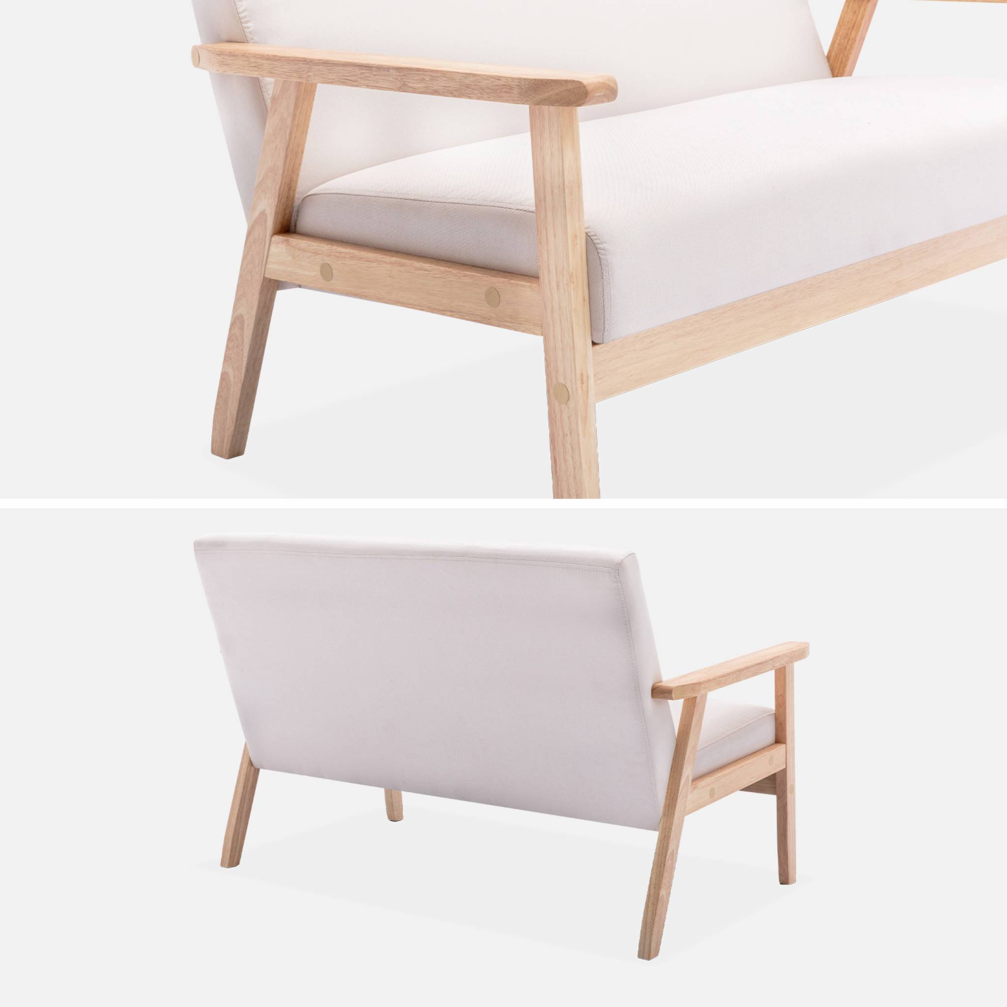 Banquette canapé en bois et tissu crème. Isak. L 114 x P 69.5 x H 73cm