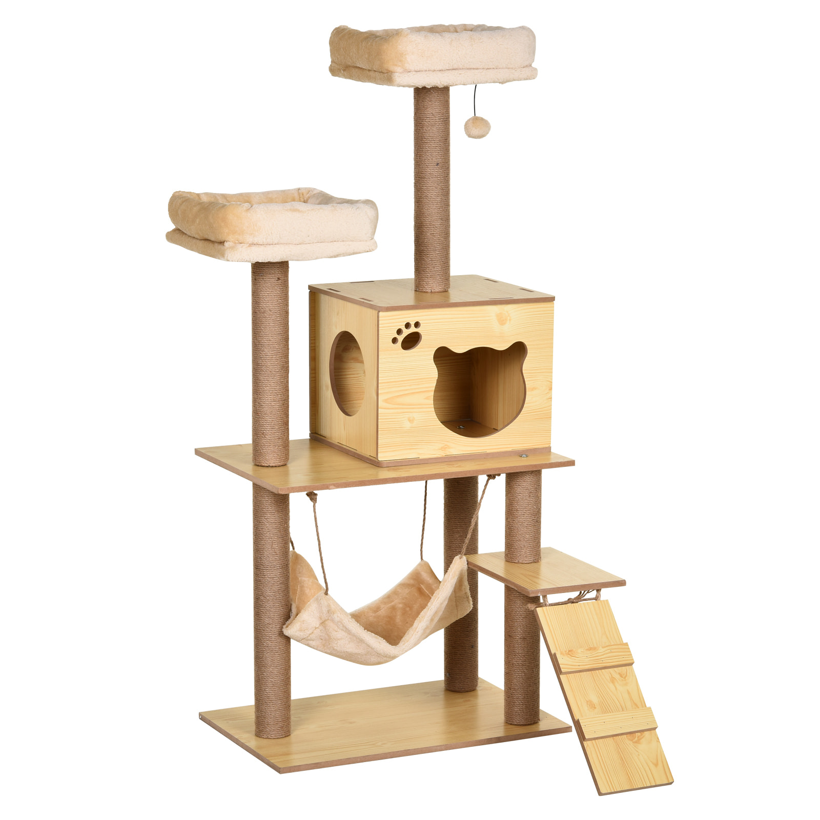 Arbre à chats design contemporain griffoirs grattoirs sisal naturel niche plate-formes hamac boule panneaux particules beige